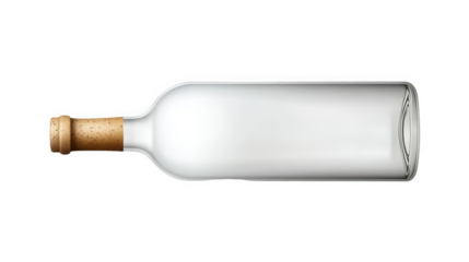 A clear glass bottle with a cork stopper laying horizontally on a black background in a studio shot on transparent background