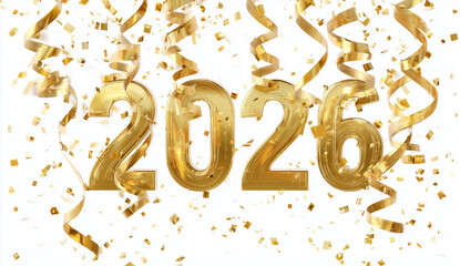 gold "2026" written in golden numbers with ribbons and confetti on a white background.