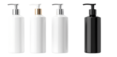 Shampoo bottle collection with various pump dispenser finishes including chrome,