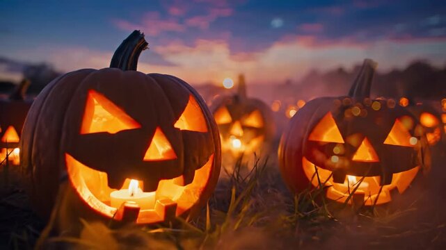 Glowing carved pumpkins with lit faces in a field at dusk. Sun sets over a field with smoke