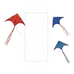 Colorful kites flying around white tablet on black background