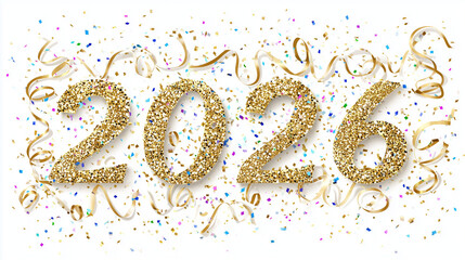 gold "2026" written in golden numbers with ribbons and confetti on a white background.