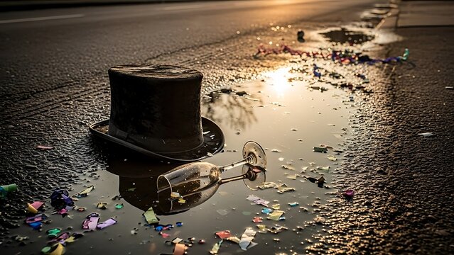 Morning after the party abandoned top hat and broken glass in wet street debris