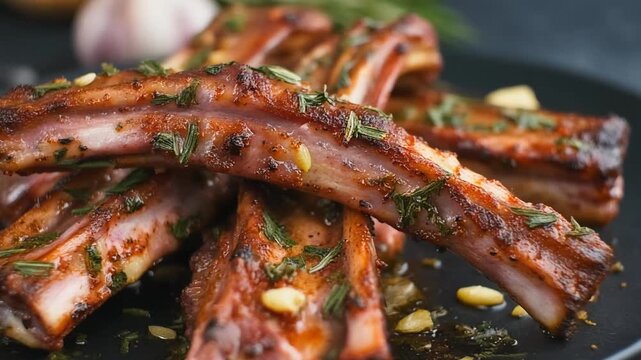 Juicy and flavorful grilled ribs, generously seasoned with aromatic rosemary, garlic, and pine nuts, beautifully presented for a delicious and satisfying meal