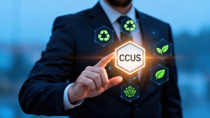 Businessman interacting with CCUS technology interface featuring environmental icons
