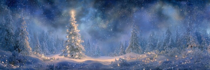 winter christmas panoramic landscape snow night forest village lights cinematic ultra wide snowy night panorama with