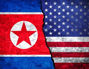 Divided Flags DPRK's and the US? cracked, opposing sides
