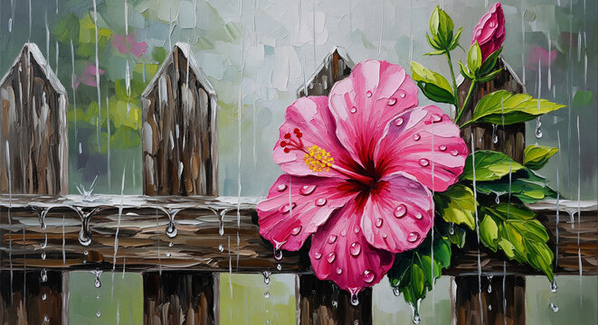 Pink Hibiscus on Rustic Fence in Pouring Rain, Wall Decor, 3D Relief Wallpaper, 3D Mural Wallpaper, 3D Wall Mural Design.
