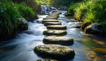 Scenic stepping stones across flowing river, nature photography landscape