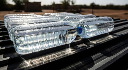 Solar water purification vital process in rural area. These simple sustainable technologies use sunlight for disinfection providing clean drinkable water inside each bottle
