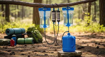 Feeling of self sufficiency with portable water purification system in forest. Advanced technologies provide clean drinking water for survival during camping adventure