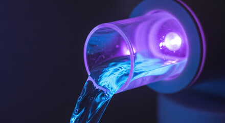 Advanced water purification technologies futuristic innovation for clean liquid. glowing purple ultraviolet light sterilizes fluid pouring from scientific glass beaker