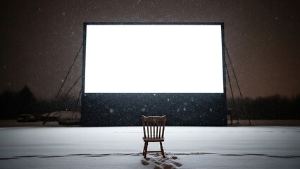 Blank White Outdoor Movie Screen in a Snowy Field with Single Wooden Chair, Concept of Solitude, New Beginnings, Tabula Rasa, and Potential
