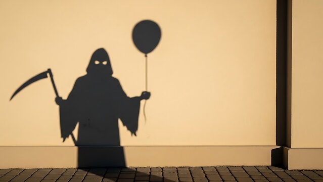 dow of Grim Reaper Holding a Scythe and a Party Balloon on a Pale Wall, Representing Death, Dark Humor, Mortality, and End-of-Life Concepts
