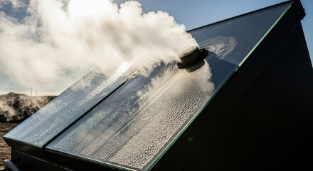Innovative water purification technologies harnessing powerful geothermal energy. solar panel steams under bright sun showing sustainable solutions for clean future