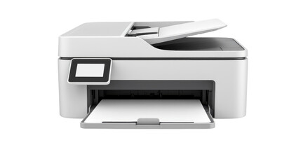 Printer with touchscreen display and paper output tray isolated on white background