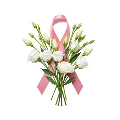 Pink ribbon with white roses for breast cancer awareness