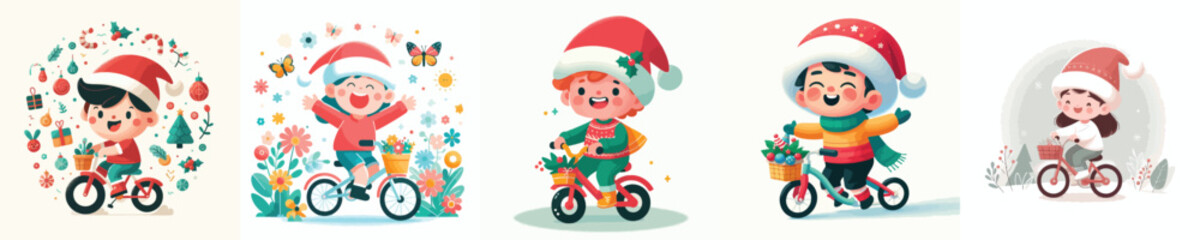 little boy wearing a santa hat while cycling. Vector, minimalist, illustration, icon set.