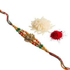 Vibrant rakhi with beads and gold charm on black background