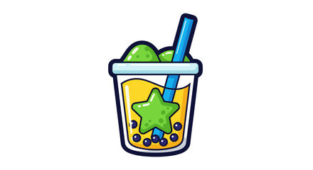 Cartoon illustration of a bubble tea drink with star-shaped jelly and a blue straw.