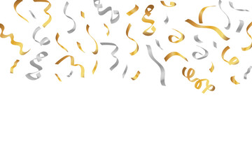 Gold and Silver Confetti Streamers Falling from Top on White Background – Festive Celebration Decoration Illustration. Resizable and Editable, EPS 10.