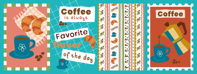 Morning with coffee and croissants. A cozy retro-style vector set with coffee cups, croissants, and decorative patterns. A modern illustration perfect for a kitchen or cafe, art poster, or background.