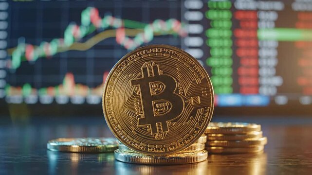 Gold coin stacks featuring a large currency symbol with a blurred graph background. A coin is tossed