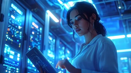 Woman in Data Center Using Tablet, Technology Concept. - Powered by Adobe