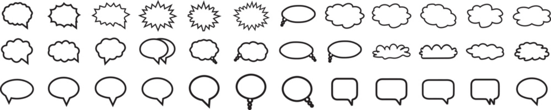 Speech bubble set, comic text balloon outline, vector callout shapes, cad drawing flat vector illustration,