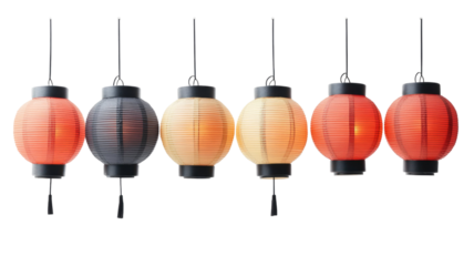 Row of obon lanterns traditional Japanese paper lights festival memorial evening display cultural decoration isolated on white background