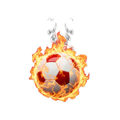 Flaming soccer ball engulfed in vibrant orange fire on white background