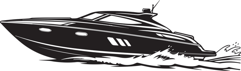 Sleek black speedboat cutting through water with a dynamic artistic sketch style