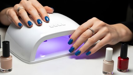 hand holding a medical syringe, Woman cures blue gel nail polish under UV lamp. Manicured hands with rings get drying treatment. Cosmetic bottles nearby await next color application.