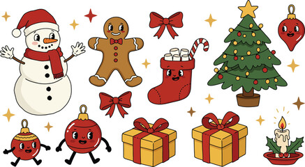 Naklejka premium Whimsical holiday scene with snowman and gingerbread