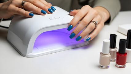 hand holding a medical syringe, Woman cures blue gel nail polish under UV lamp. Manicured hands with rings get drying treatment. Cosmetic bottles nearby await next color application.