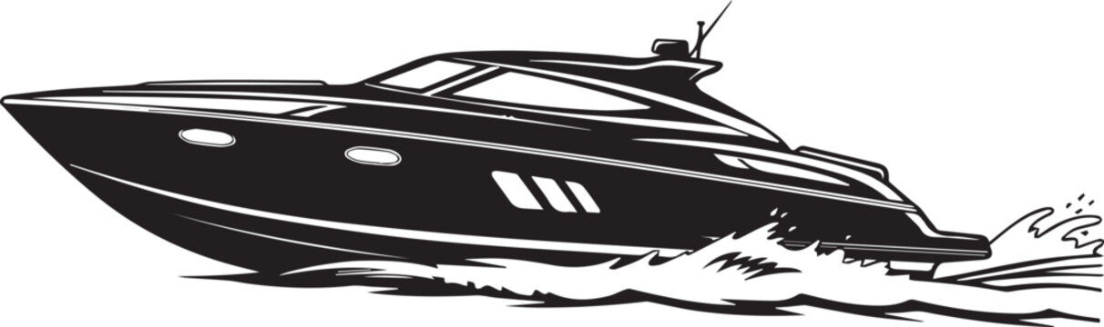 Sleek black speedboat cutting through water with a dynamic artistic sketch style
