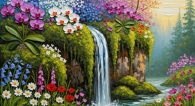3D Orchids and Wildflowers on Mossy Cliff with Waterfall, Wall Decor, 3D Relief Wallpaper, 3D Mural Wallpaper, 3D Wall Mural Design.