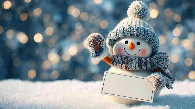 Snowman wearing knit hat and scarf standing in snow holding a blank white sign