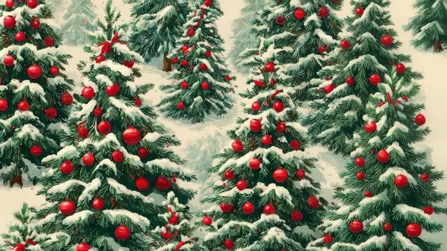 Christmas trees with red ornaments and bows covered in snow creating a festive pattern