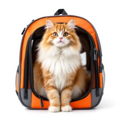 Fluffy orange and white cat peeking out of an orange pet carrier on white background