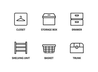 Closet Storage Box Drawer Shelving Unit Basket Trunk Minimal Bold Line Icon Set