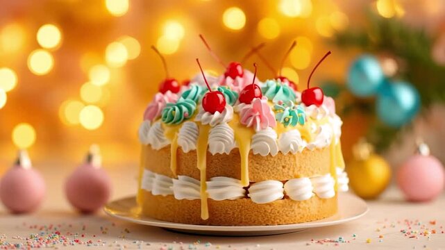 Cake with whipped cream and maraschino cherries celebrating holidays with bokeh lights