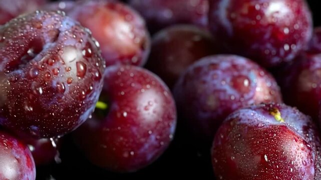 Ripe red plums covered in water drops, presenting a fresh fruit heap
