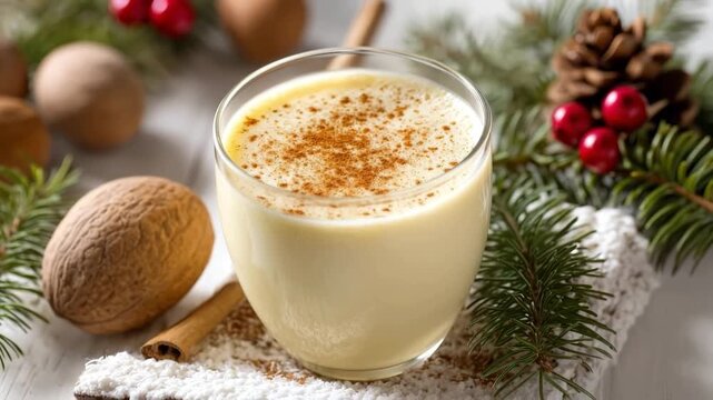 Eggnog beverage in a glass with nutmeg and cinnamon stick for holiday celebration