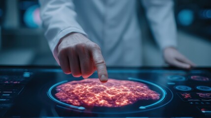 A scientist interacts with a high-tech touchscreen displaying vibrant data, suggesting advanced research or medical analysis.