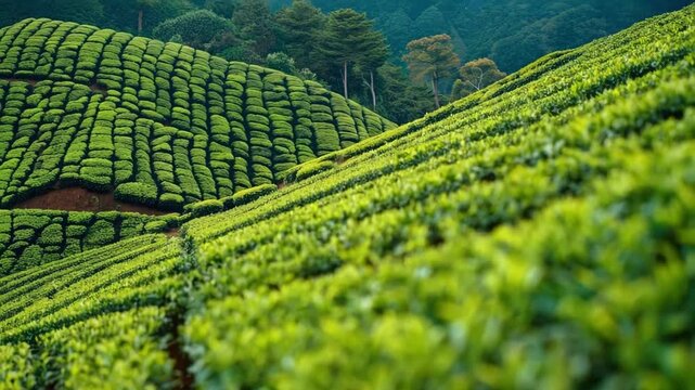 Lush green tea bushes growing on a hillside plantation, showing sustainable agriculture