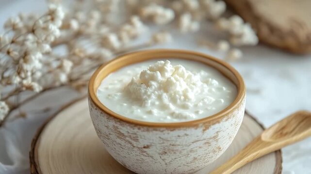 Kefir grains and fermented milk in a wooden bowl for healthy eating