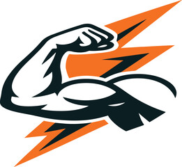 Strong Muscular Arm Flexing with Lightning Bolt - Fitness Power Gym Mascot
