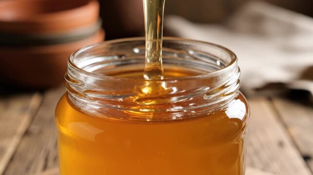 Golden honey dripping from a spoon into a clear jar on a wooden surface, close-up