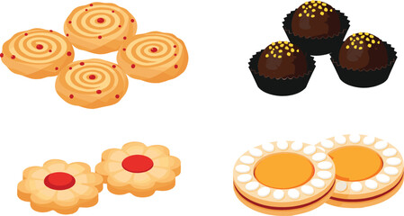  Delicious vector illustration showcasing a variety of baked goods, including chocolate truffles, flower-shaped shortbreads, and swirled sugar cookies, perfect for bakery menus and dessert themes